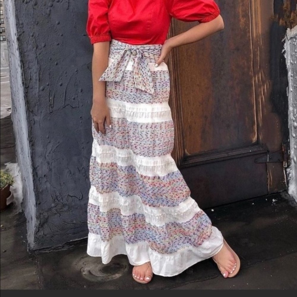 NWT ZARA SS18 Long Jacquard Skirt Ruffle Belt ref 7563/042 Xs-M